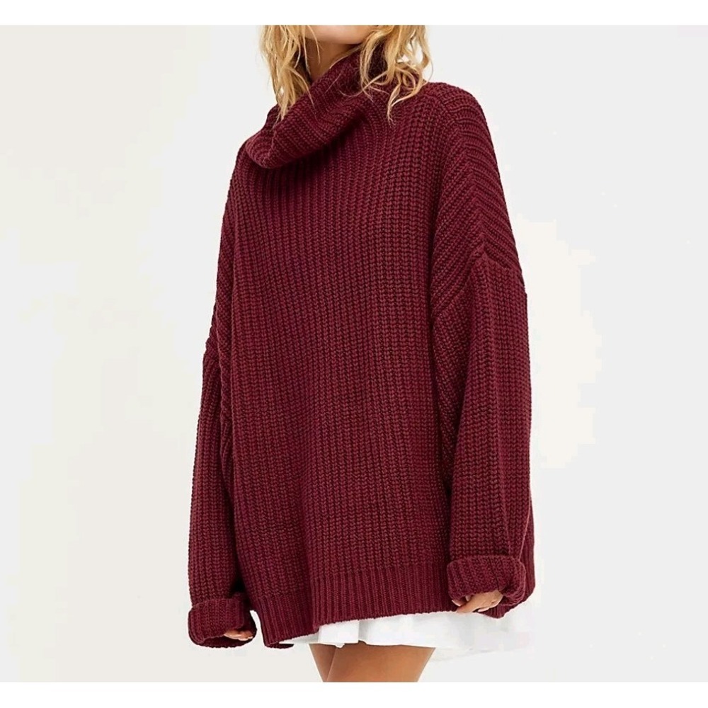 Free People Swim Too Deep Sweater XS Burgundy Maroon Oversized Chunky Knit Cozy